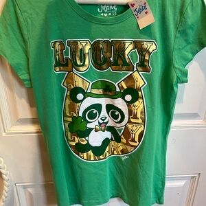 Justice Green Tee with Gold 'Lucky' Panda Graphic